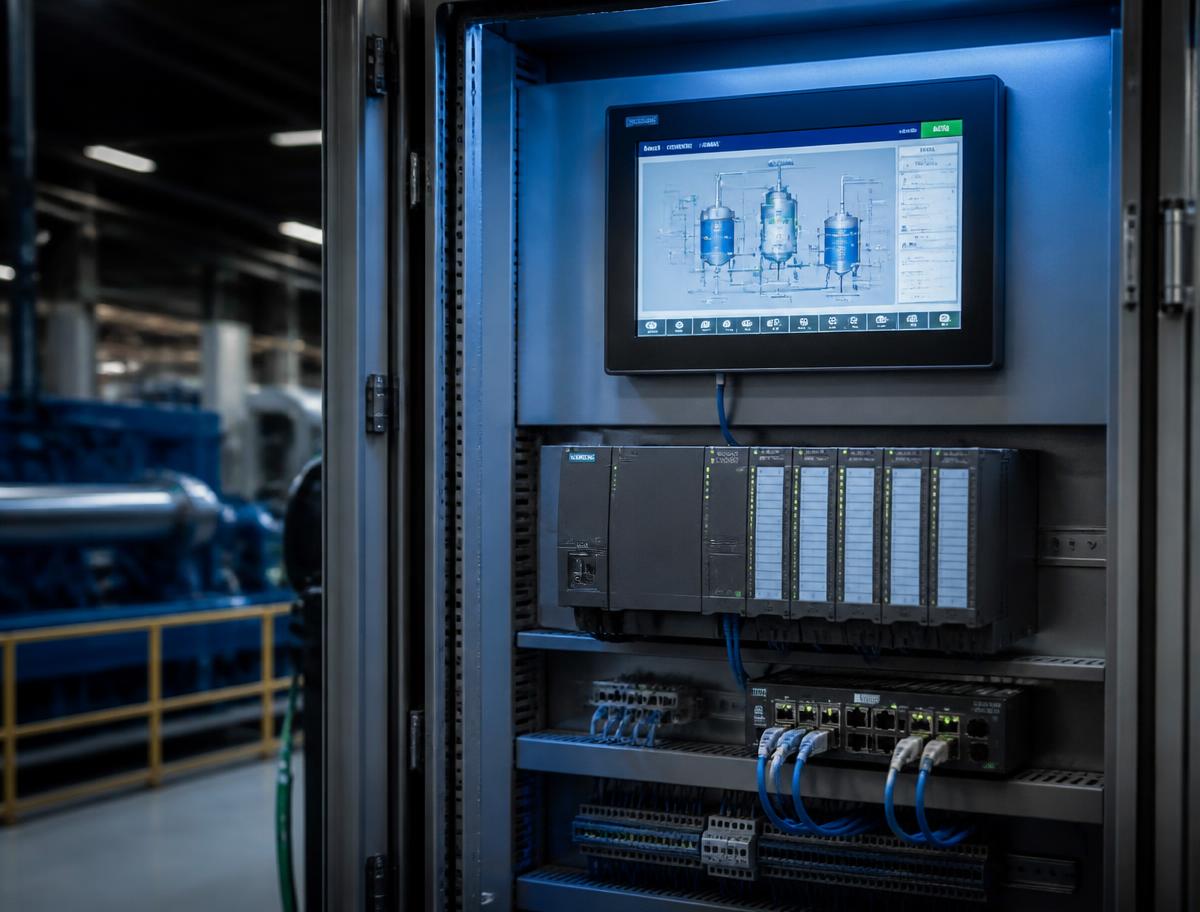 Painel de automação com CLP e IHM instalado em planta industrial