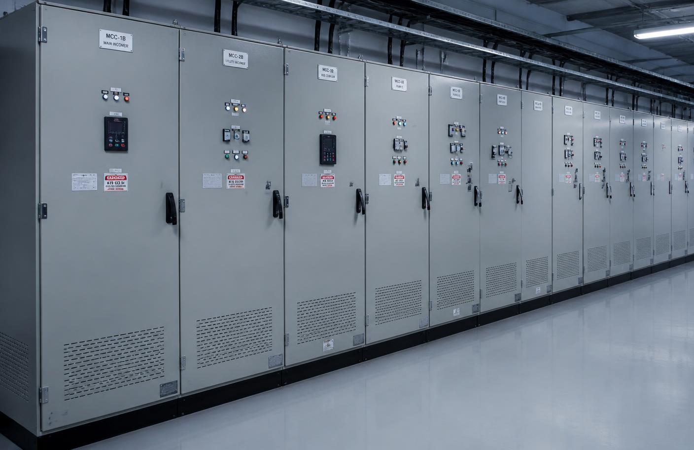 Conjunto de painéis elétricos industriais em sala elétrica