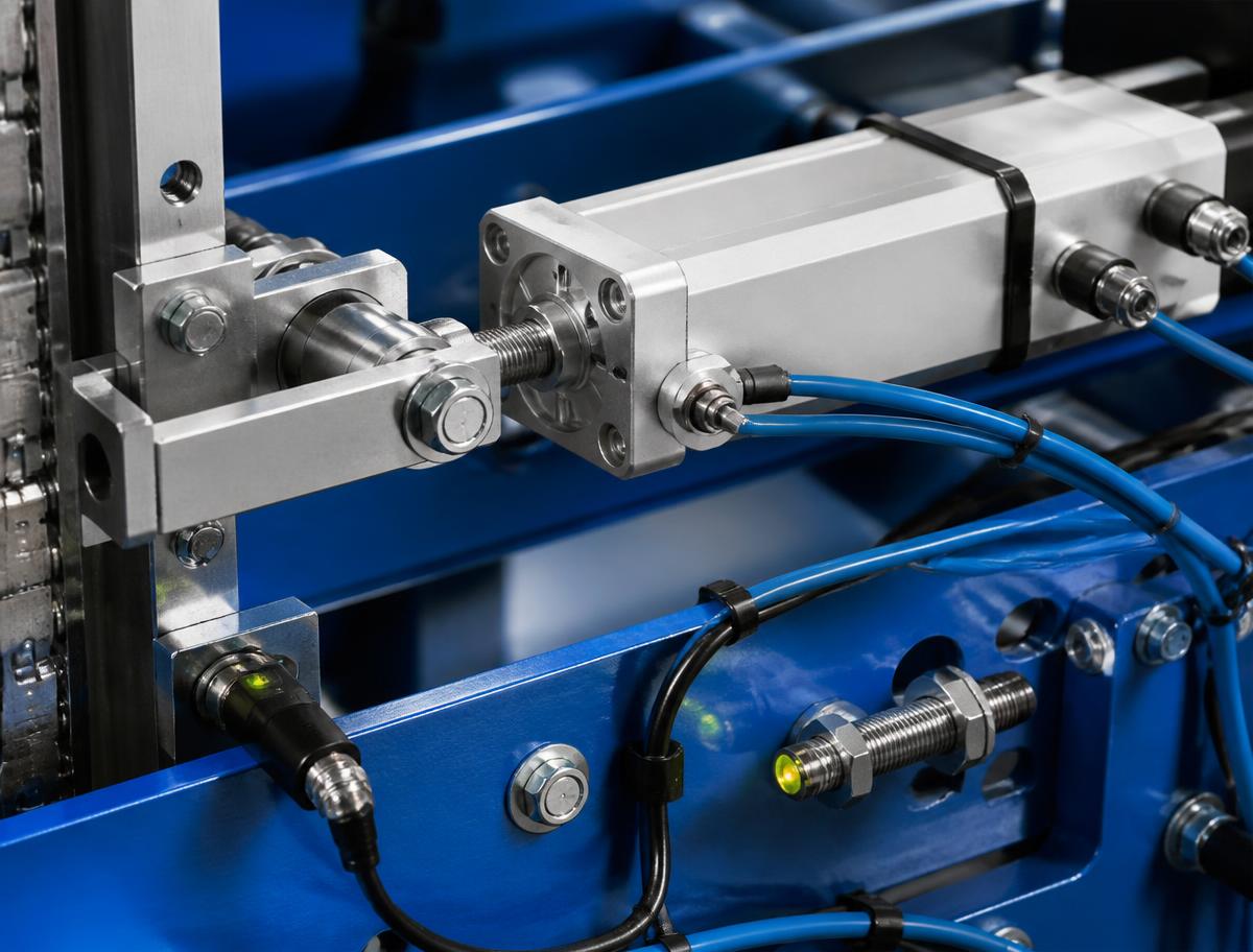 Sensores e atuador pneumático instalados em máquina industrial